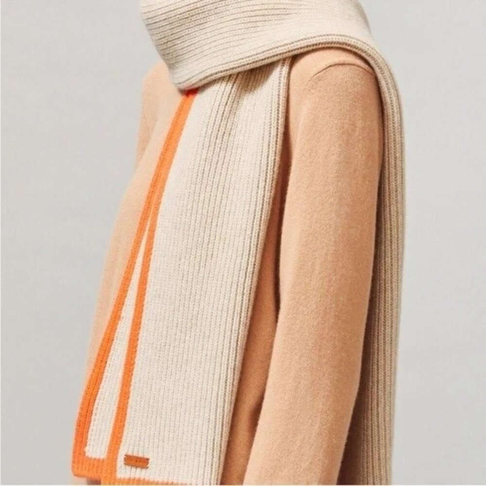 Tory Burch Luxurious Cashmere Wrap Scarf, Orange/Oatmeal, NWT